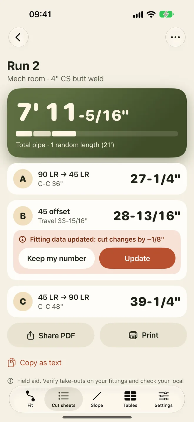 Cut sheet for Run 2: total pipe 7 feet 11-3/16 inches, three pieces A, B and C.