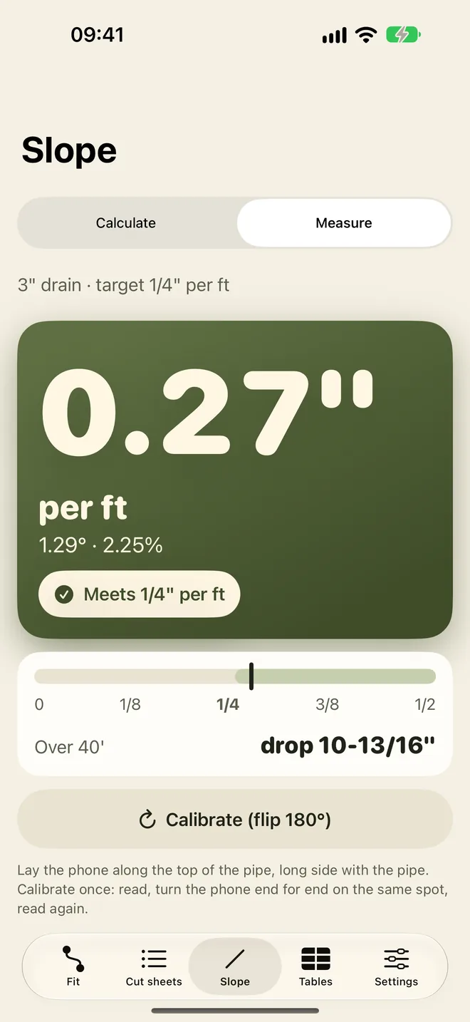 Slope gauge reading 0.27 inches per foot, marked Meets 1/4 inch per foot.